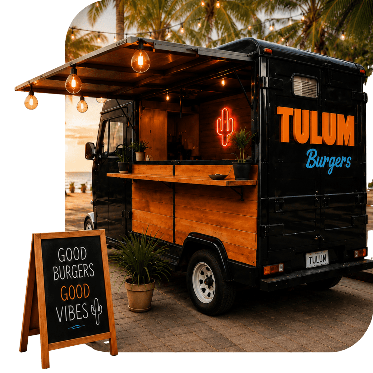 Food truck de Tulum Burgers preparada para un evento de catering